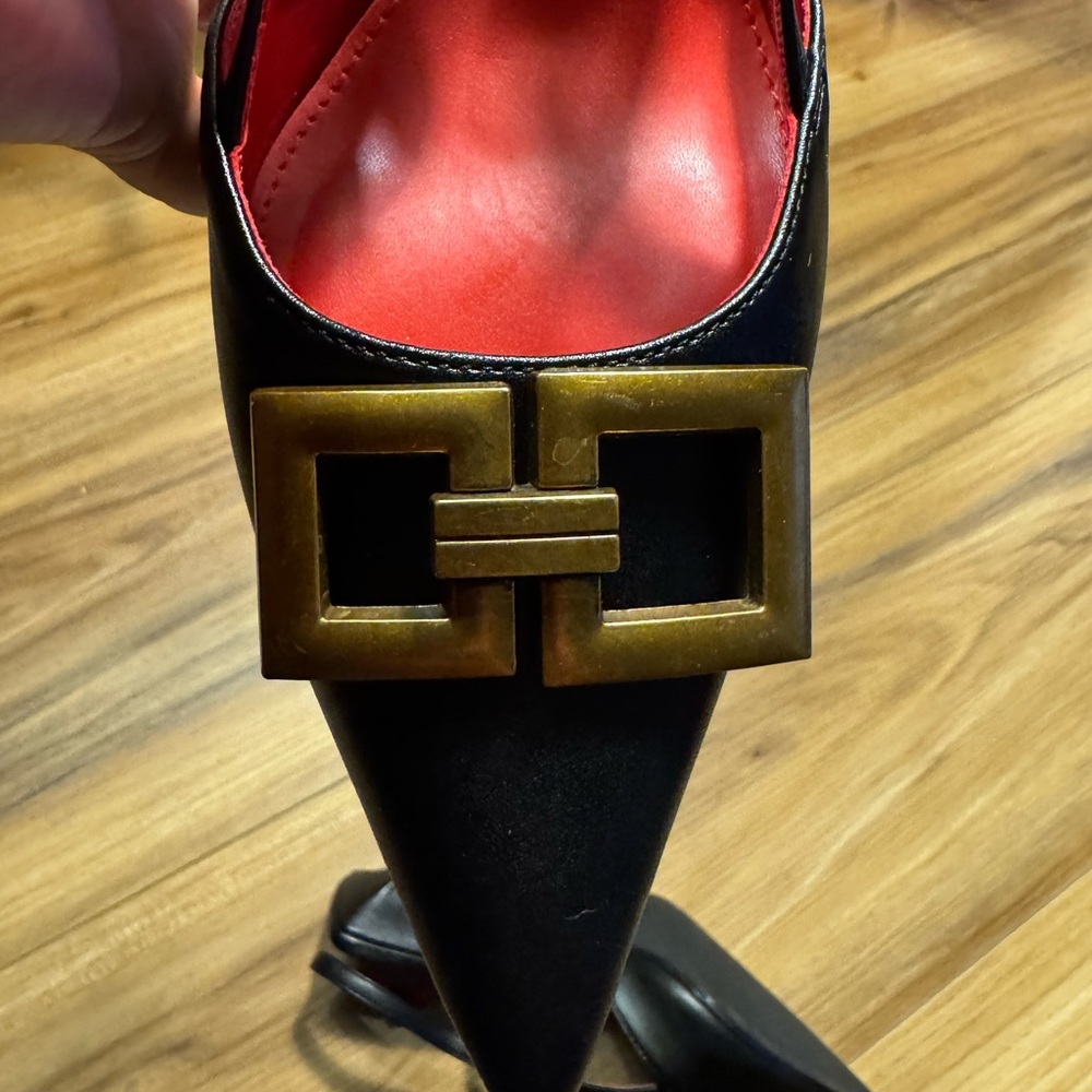 Black Pointed Slingback Heels with Gold Buckle and Red Insole - Picture 12 of 12